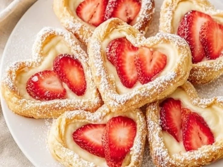 Strawberry cream cheese danish hearts freshly baked and garnished with strawberries.