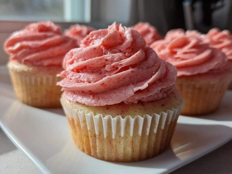 Delicious strawberry cupcakes topped with creamy frosting and fresh strawberries