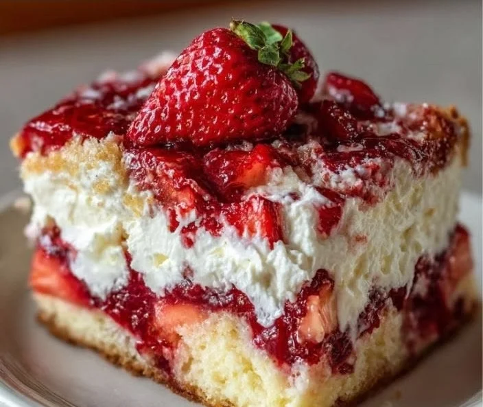 Slice of Strawberry Earthquake Cake showcasing strawberries and cream cheese