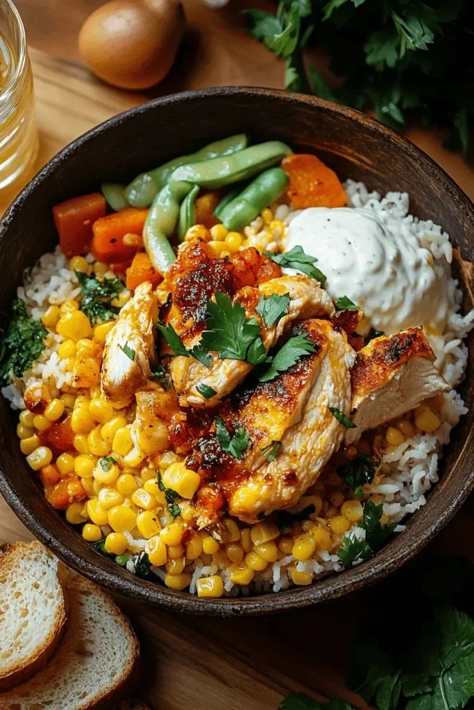 Delicious Street Corn Chicken Rice Bowl with grilled chicken and spicy corn