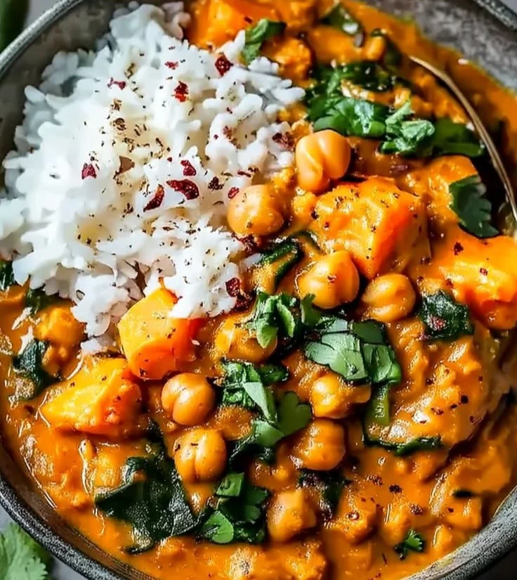 Bowl of Sweet Potato Chickpea Curry garnished with fresh herbs