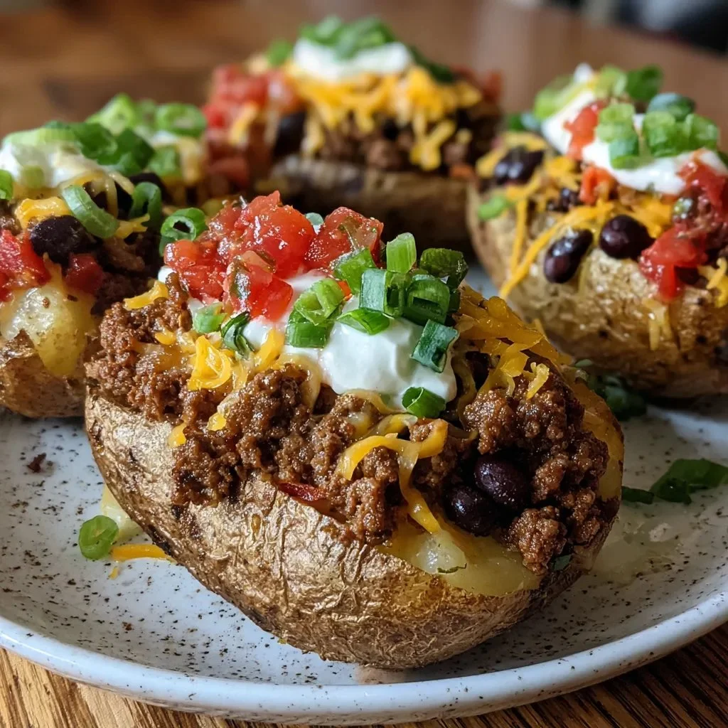 Taco loaded baked potatoes topped with cheese, sour cream, and fresh toppings.