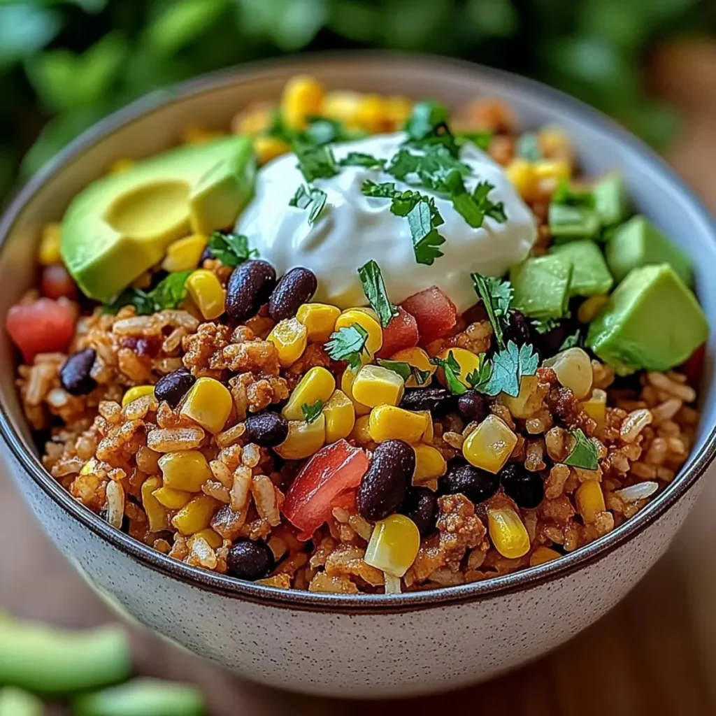 A colorful and delicious Taco Rice Bowl filled with fresh ingredients.