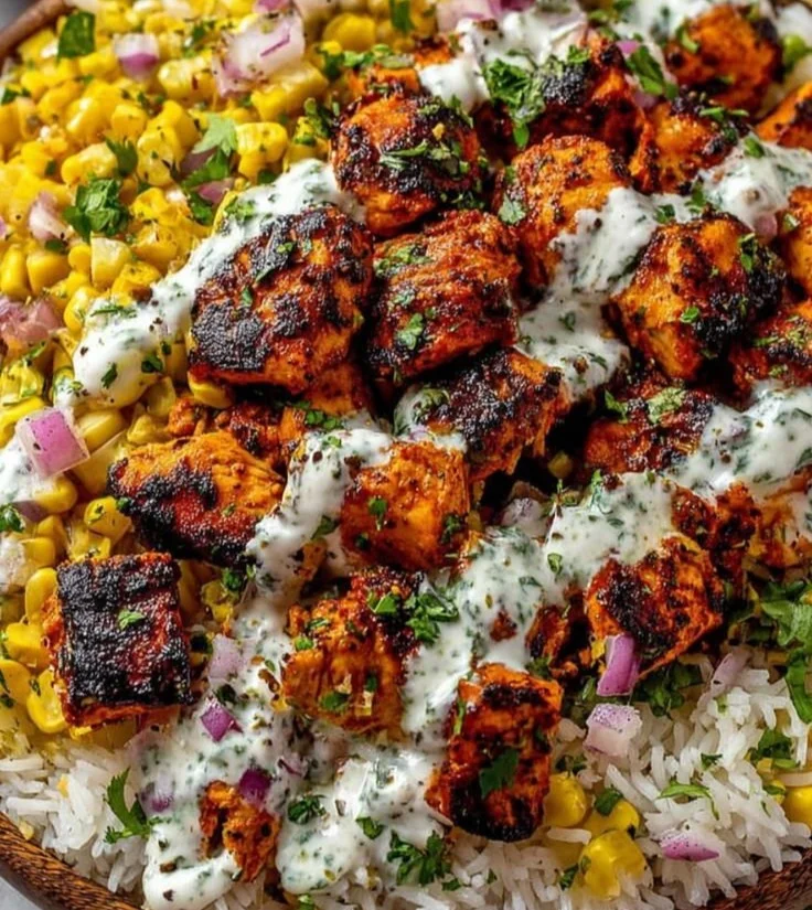 Delicious street corn chicken bowl topped with fresh ingredients