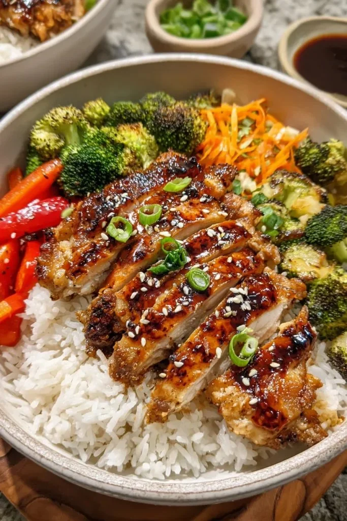 Delicious teriyaki chicken bowl with fresh vegetables and savory sauce
