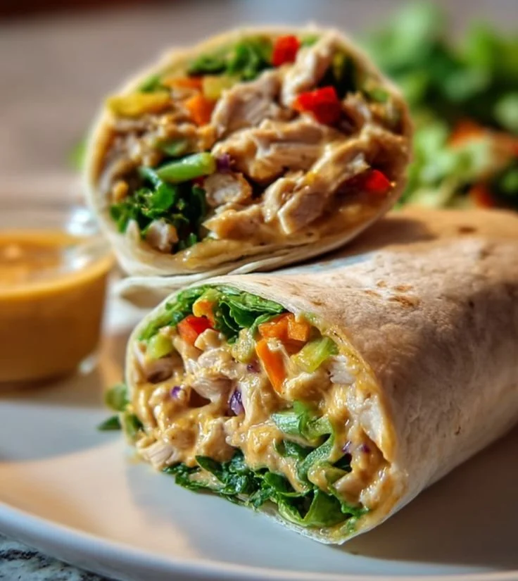 Thai Peanut Chicken Wraps with fresh vegetables and peanut sauce