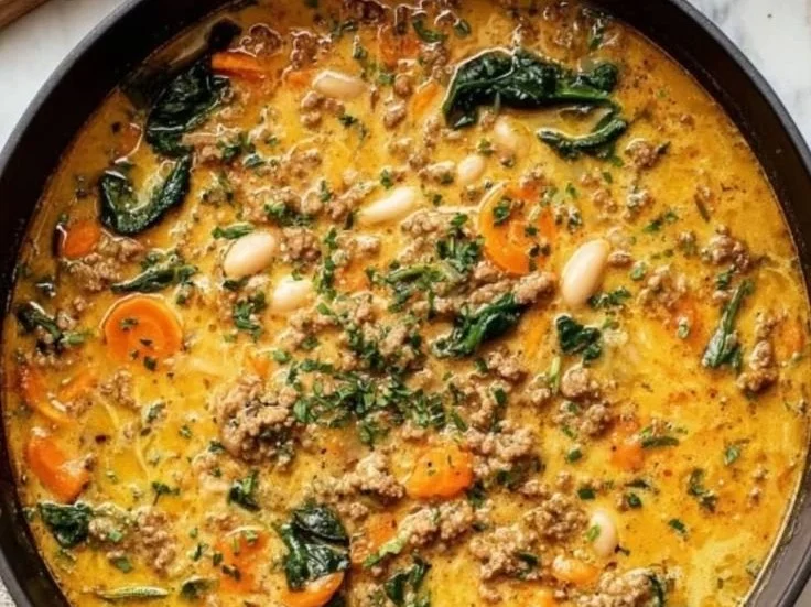 Bowl of Tuscan white bean soup with sausage garnished with fresh herbs