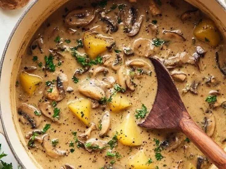 Bowl of Vegan White Bean Mushroom Stew garnished with herbs