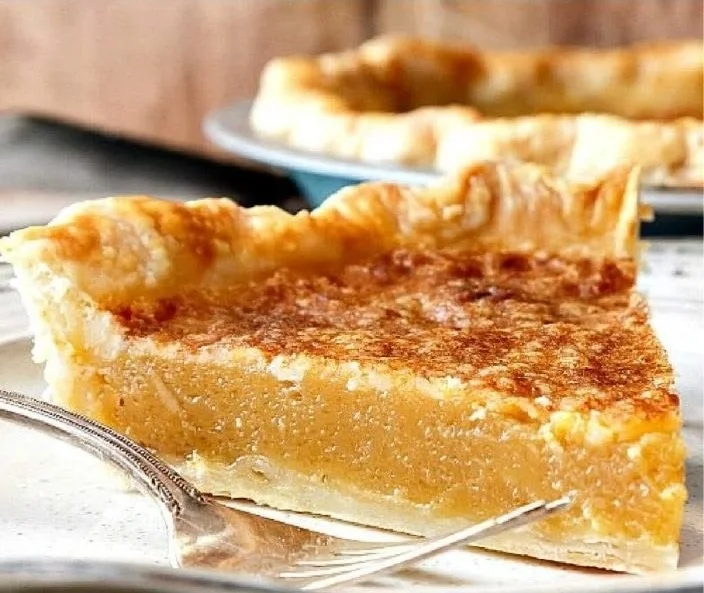 A slice of homemade vinegar pie on a rustic plate.