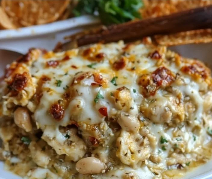 White chicken chili cottage cheese winter bake in a serving dish