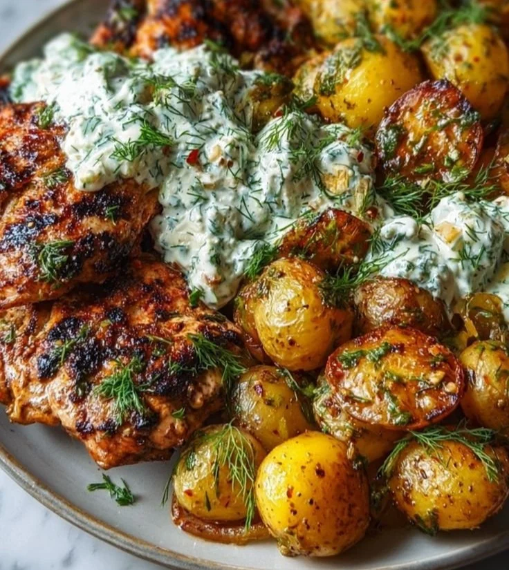 Yogurt marinated chicken thighs grilled to perfection with spices and herbs.