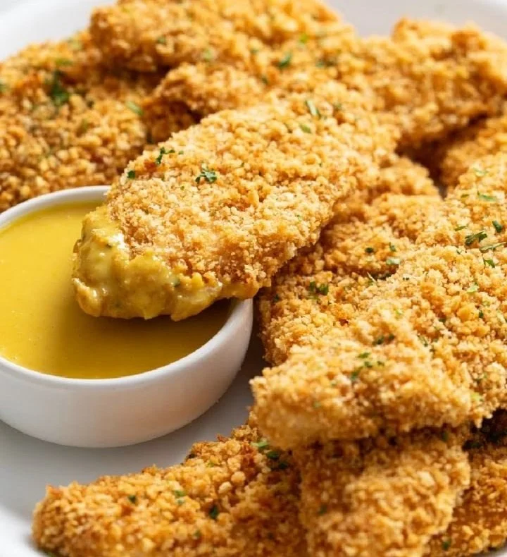 Golden baked chicken tenders on a plate with dipping sauce