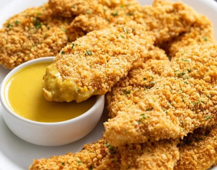 Plate of crispy baked chicken tenders with herbs and spices