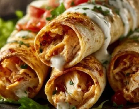Baked Cream Cheese Chicken Taquitos ready to serve with dipping sauce.