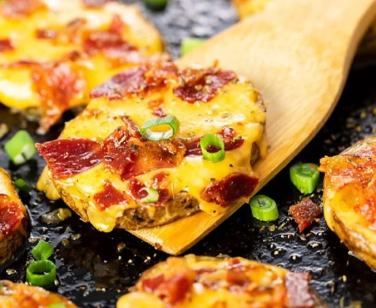 Baked potato slices with cheese and bacon served on a plate