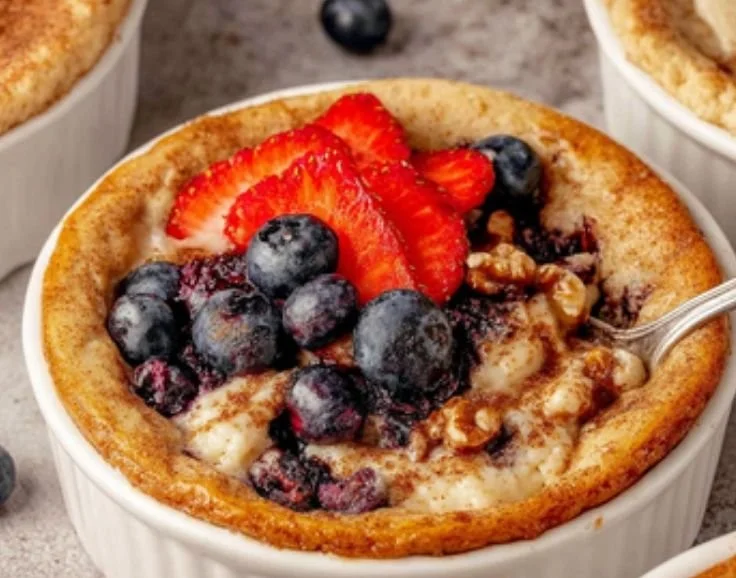 Delicious baked protein pancake bowl topped with fruits and nuts.