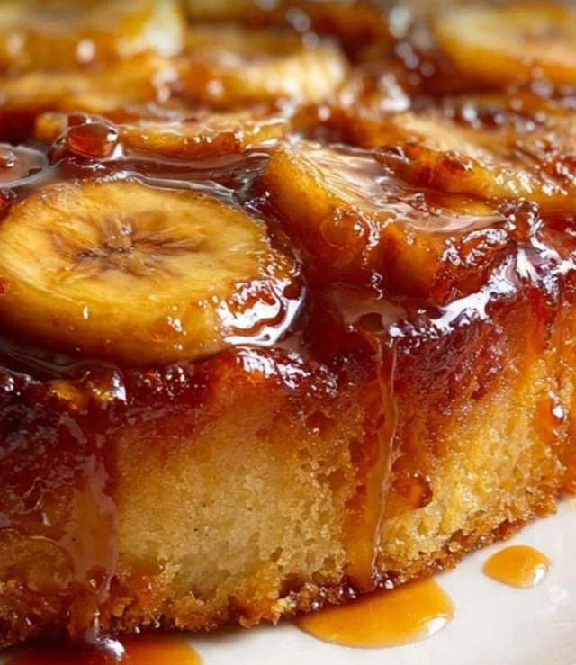 Banana Foster Upside Down Cake topped with caramelized bananas and served warm.