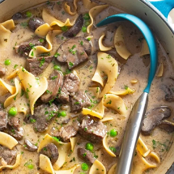 Delicious Beef Stroganoff Soup with beef, mushrooms, and creamy sauce