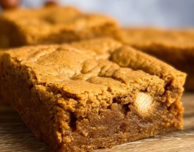 Delicious Biscoff Blondies topped with melted Biscoff spread