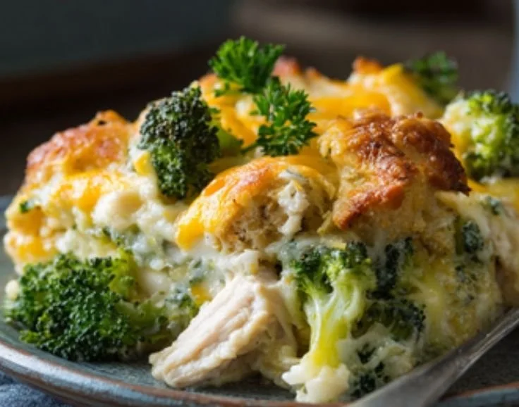 Broccoli, rice, cheese, and chicken casserole baked in a dish