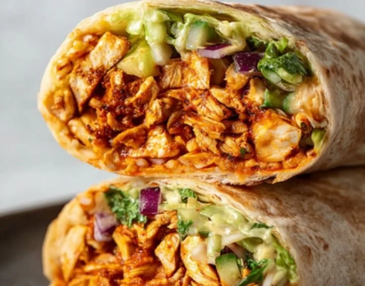 Buffalo shredded tofu wraps with fresh veggies and sauce, perfect for a healthy meal