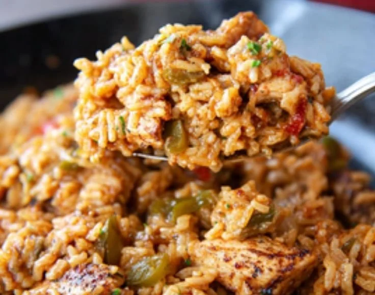 Delicious Cajun Chicken served with seasoned rice in a colorful dish