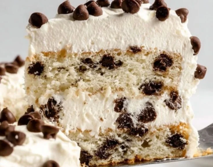 Delicious Cannoli Cake topped with creamy filling and chocolate chips