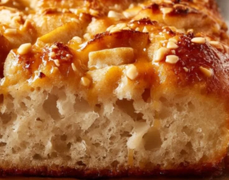 Caramel Apple Focaccia topped with sweet apples and caramel drizzle