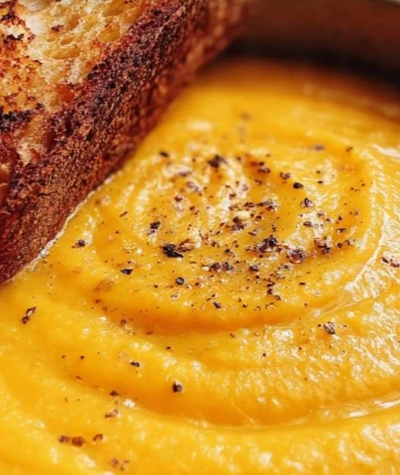 A bowl of creamy carrot parsnip soup garnished with herbs.