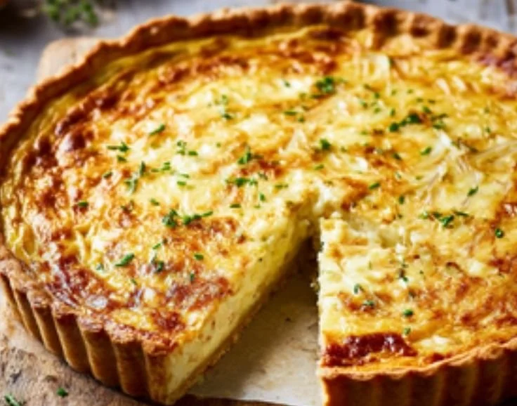 Delicious Cheese and Onion Quiche fresh out of the oven, perfect for any meal.