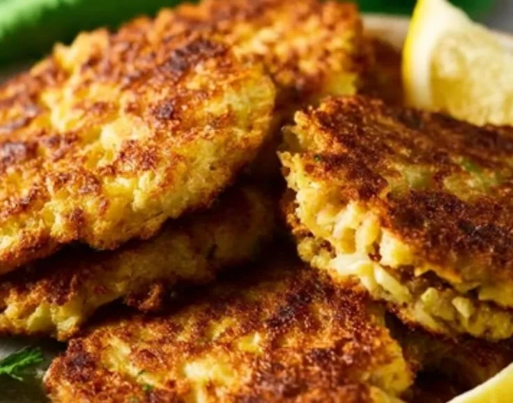 Cheesy cauliflower cakes served with fresh herbs and seasoning