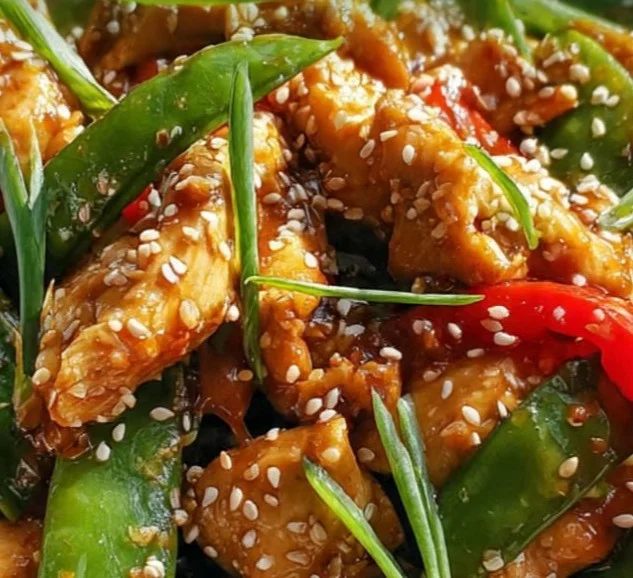 Delicious chicken stir fry with snap peas and colorful vegetables