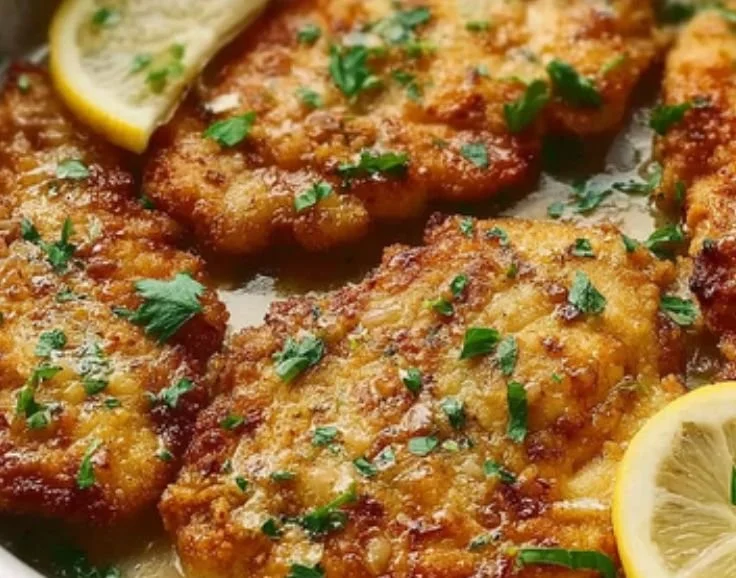Delicious Chicken Francese garnished with lemon and parsley on a plate