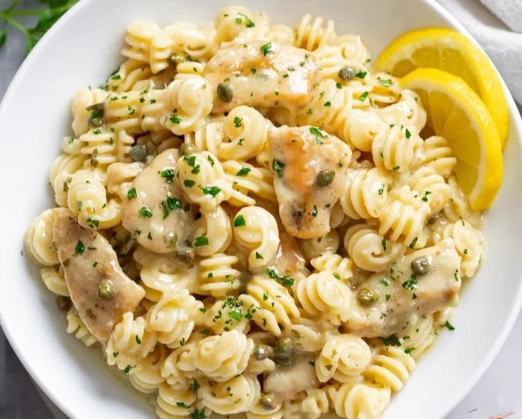 Delicious Chicken Piccata Pasta with lemon and capers on a plate.