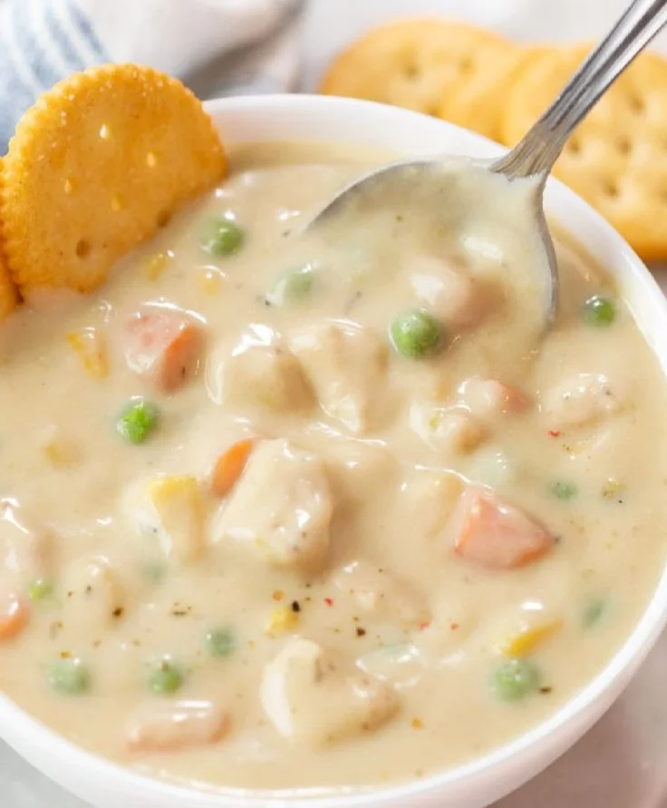 A warm bowl of Chicken Pot Pie Soup, filled with chicken, vegetables, and creamy broth.
