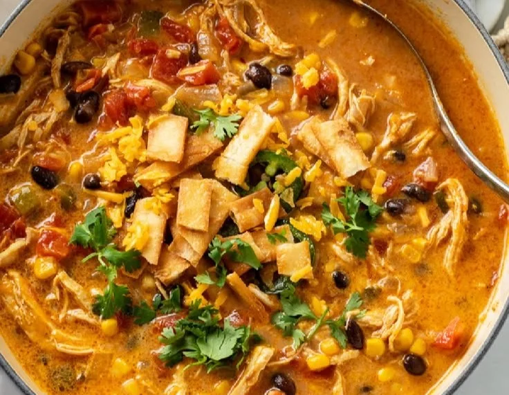 Delicious Chicken Tortilla Soup served with crispy tortilla strips