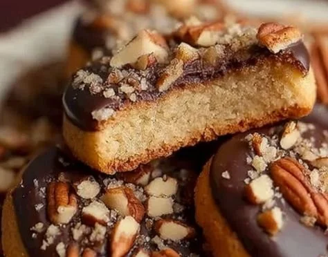 Chocolate dipped toffee pecan shortbread cookies on a plate