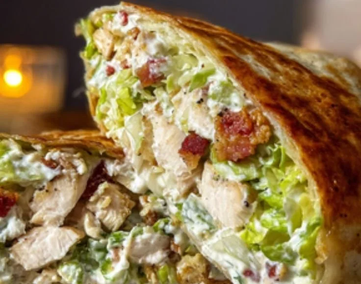 Chopped Chicken Caesar Salad Wrap with fresh greens and grilled chicken