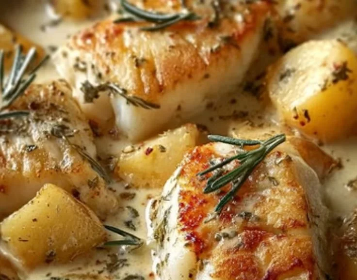 Cod & Potatoes served in a creamy rosemary sauce garnished with fresh herbs