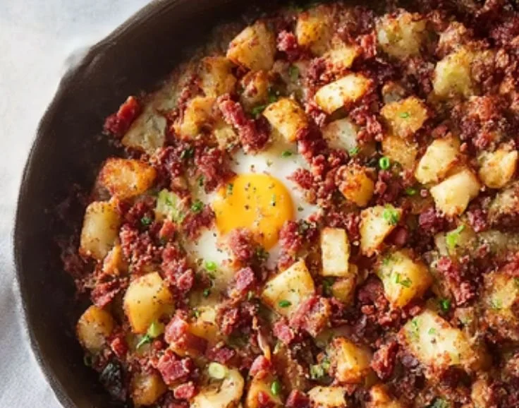 Delicious plate of corned beef hash served with eggs and parsley garnish.