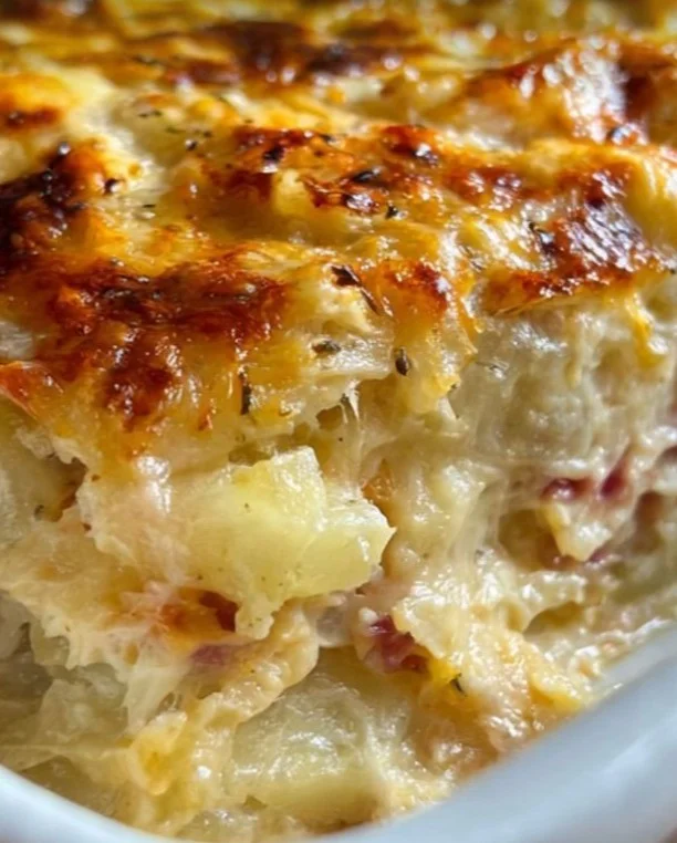 Corned Beef and Potato Cheesy Casserole topped with melted cheese.