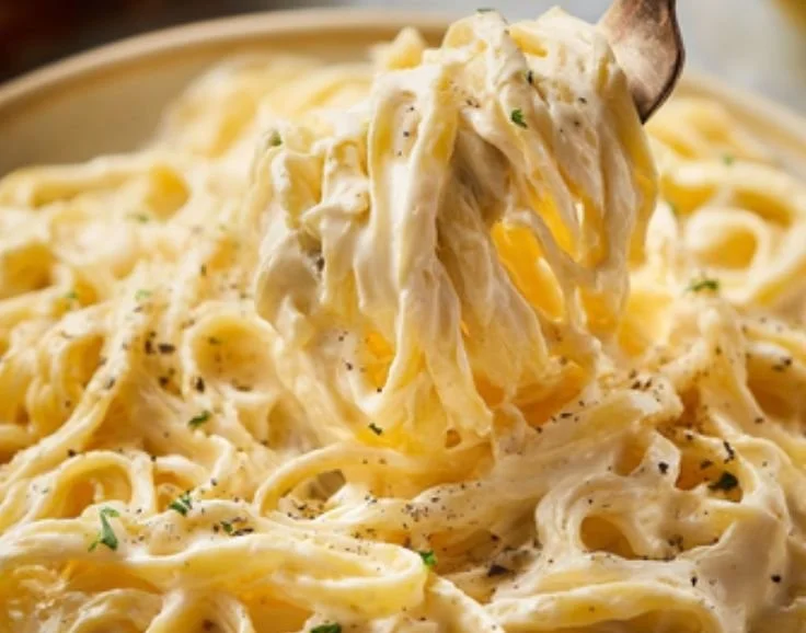 A bowl of creamy Cottage Cheese Alfredo pasta garnished with parsley.