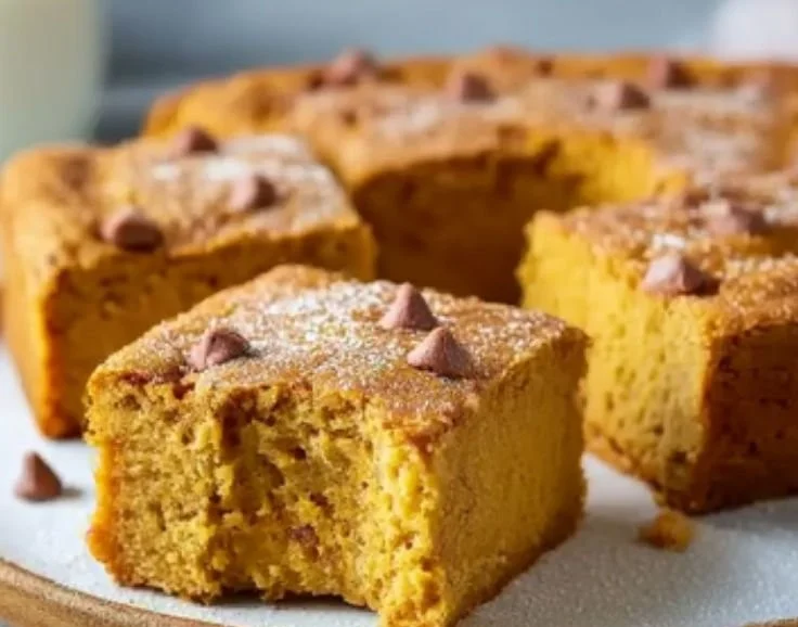 Delicious Cottage Cheese Pumpkin Cake Bars topped with cream and cinnamon