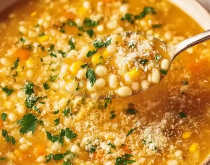 A bowl of cozy pastina soup garnished with herbs and vegetables.