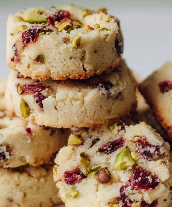 Cranberry Pistachio Shortbread cookies decorated on a festive plate