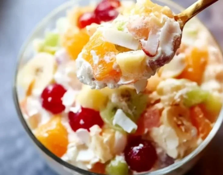 Creamy fruit salad with fresh fruits and a smooth dressing served in a bowl.