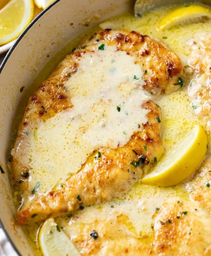 Creamy lemon chicken dish served with herbs and garnishes.
