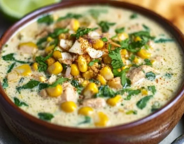 Bowl of creamy Mexican street corn soup garnished with cilantro and lime.