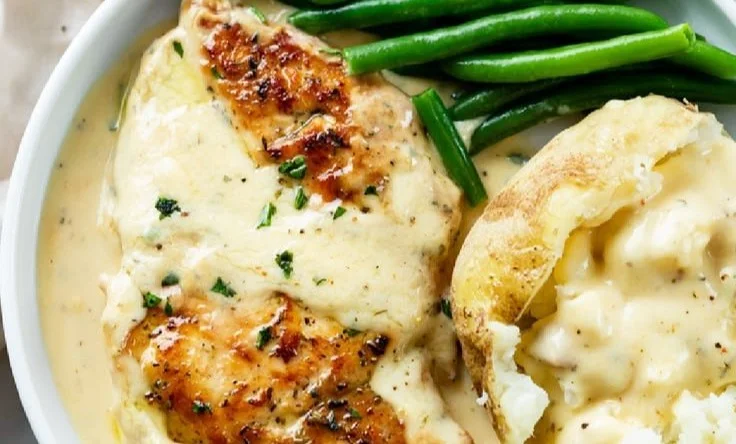 Delicious creamy ranch chicken garnished with herbs and served on a plate