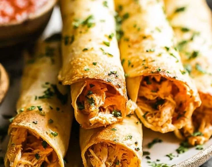 Crispy chicken taquitos served with dipping sauce on a wooden platter.